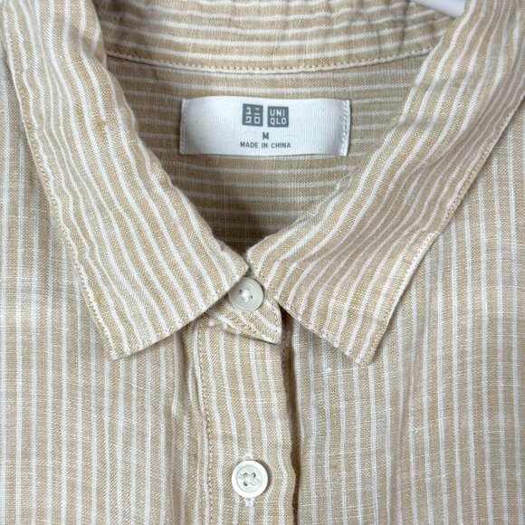 Uniqlo Linen Striped Button Up Blouse Shirt Womens M Yellow - Picture 2 of 7